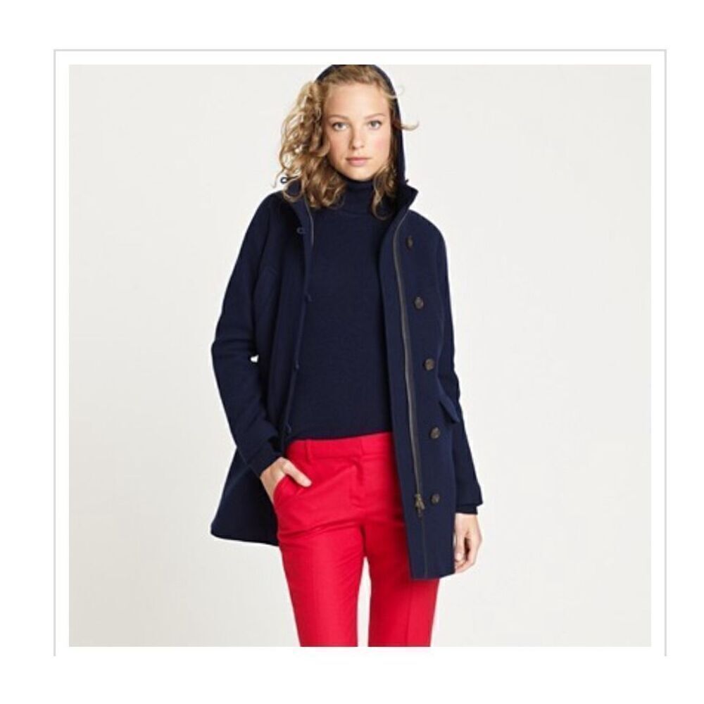 J. Crew Stadium Cloth Elements Coat 100% Wool 31410 Navy Blue Hood Preppy Duffle